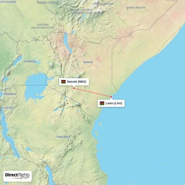 Lamu - Nairobi direct flight map