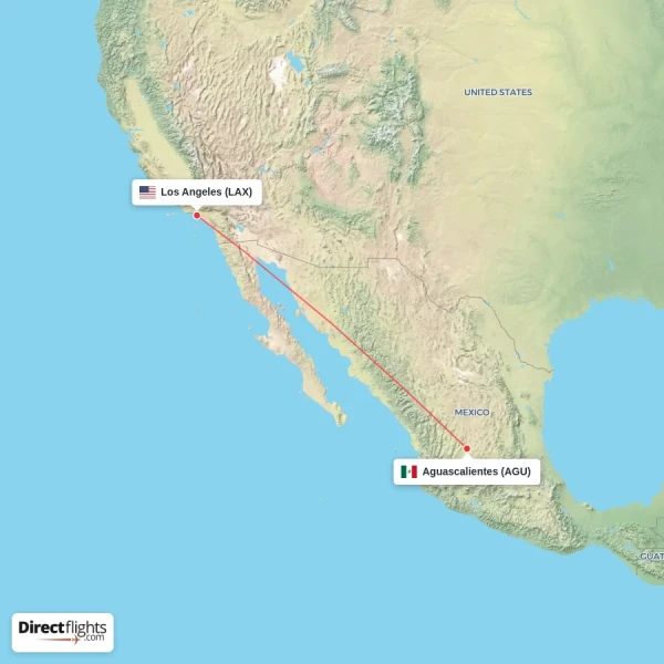 Los Angeles - Aguascalientes direct flight map