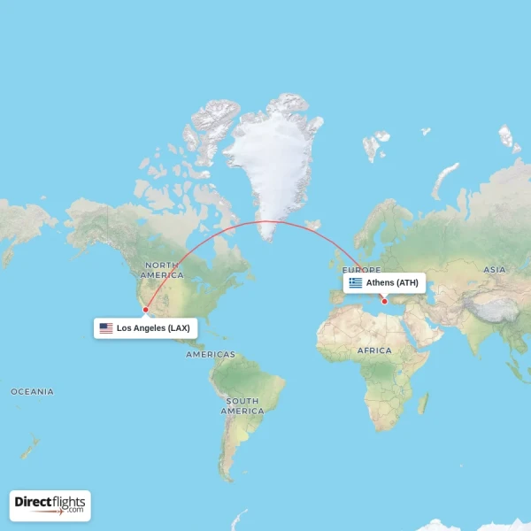 Los Angeles - Athens direct flight map