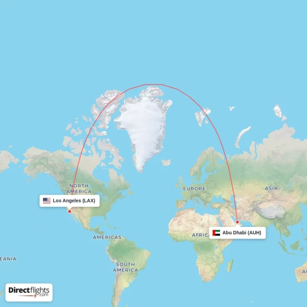 Los Angeles - Abu Dhabi direct flight map