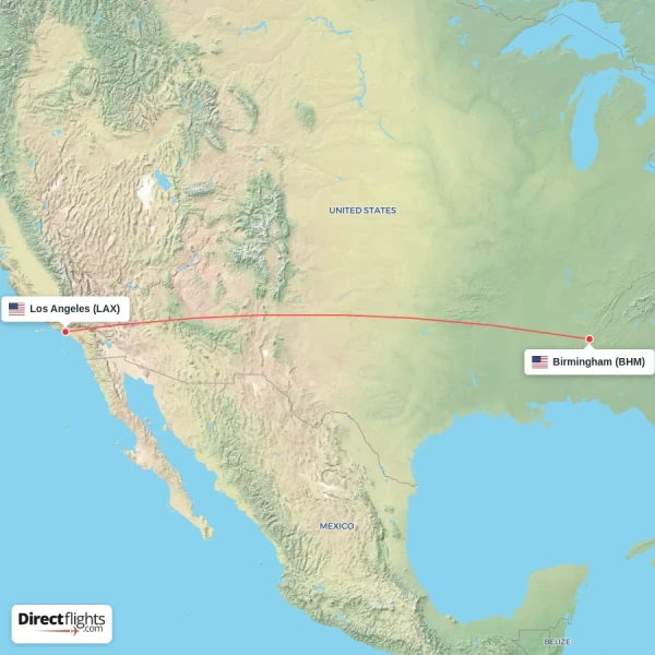 Los Angeles - Birmingham direct flight map