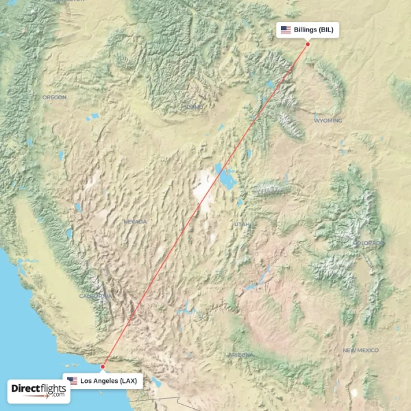 Los Angeles - Billings direct flight map