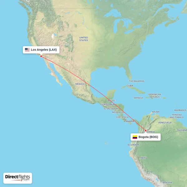 Los Angeles - Bogota direct flight map