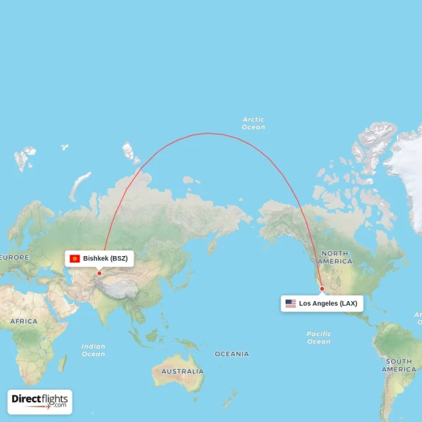Los Angeles - Bishkek direct flight map