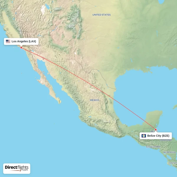 Los Angeles - Belize City direct flight map
