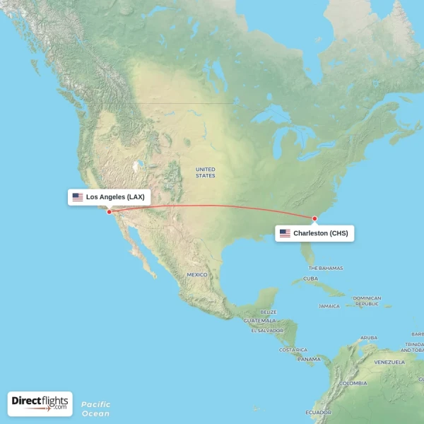 Los Angeles - Charleston direct flight map