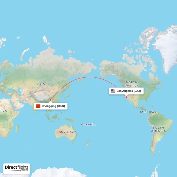 Los Angeles - Chongqing direct flight map