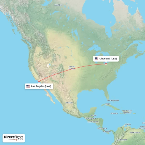 Los Angeles - Cleveland direct flight map