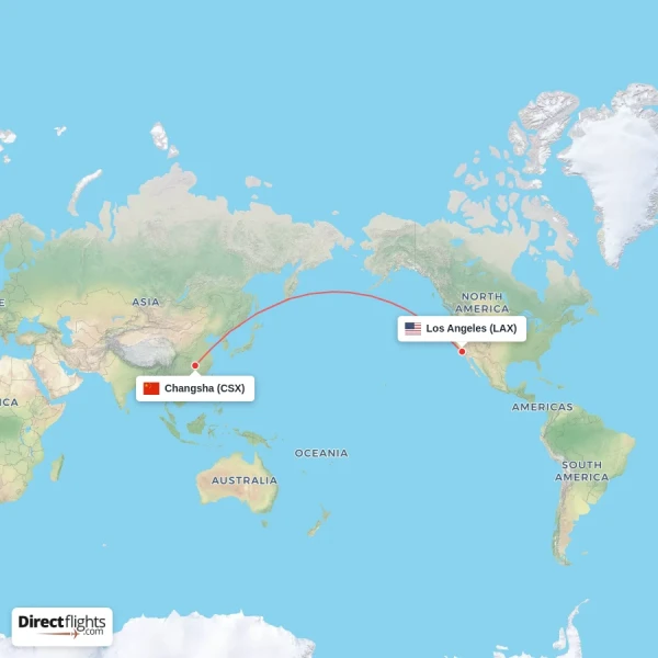 Los Angeles - Changsha direct flight map