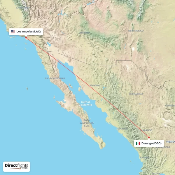 Los Angeles - Durango direct flight map