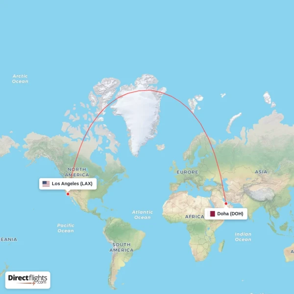 Los Angeles - Doha direct flight map