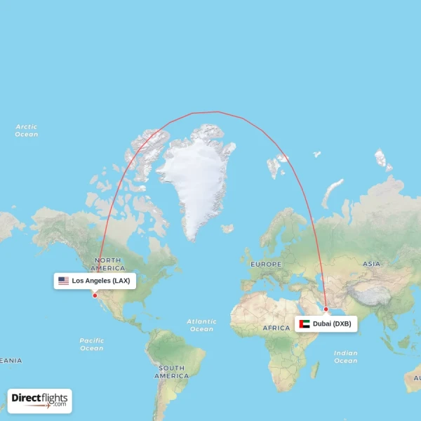 Los Angeles - Dubai direct flight map