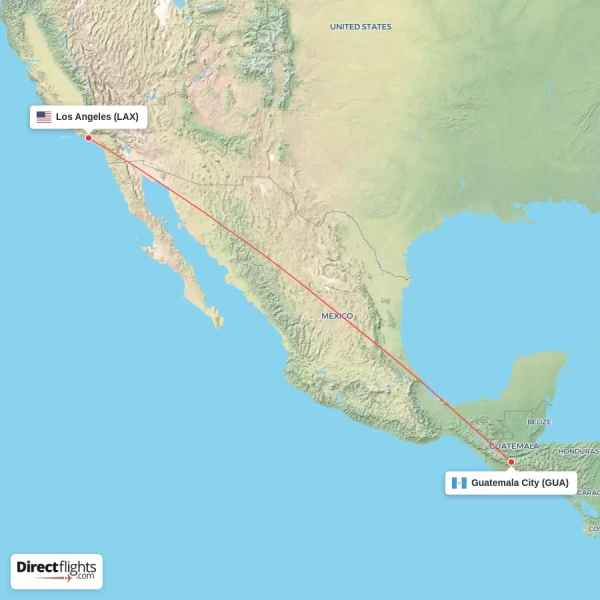 Los Angeles - Guatemala City direct flight map