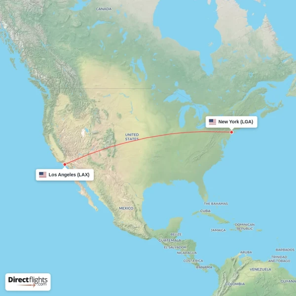 Los Angeles - New York direct flight map