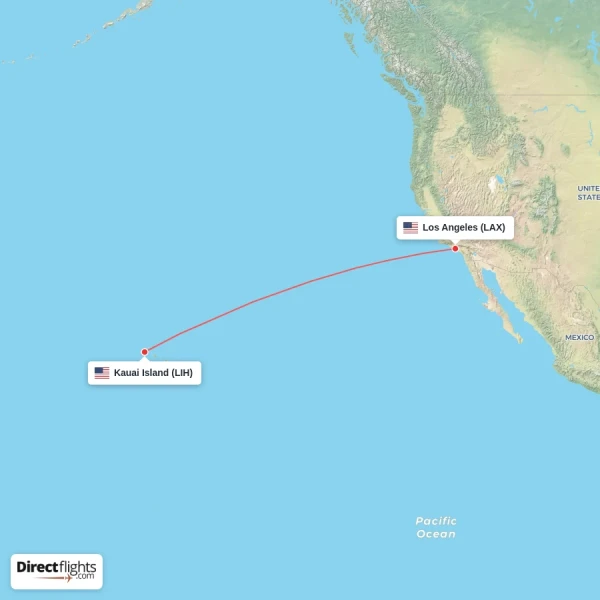 Los Angeles - Kauai Island direct flight map