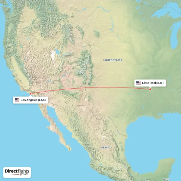 Los Angeles - Little Rock direct flight map