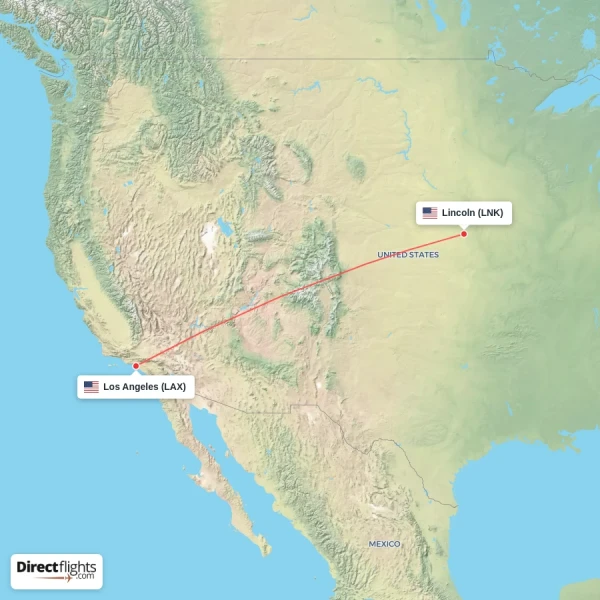 Los Angeles - Lincoln direct flight map
