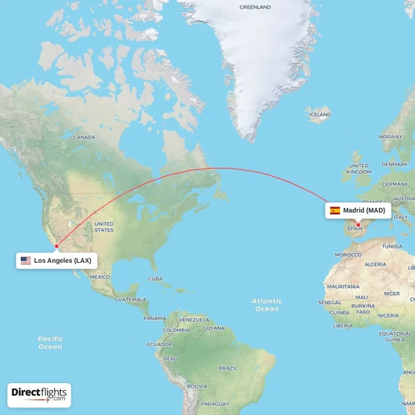 Los Angeles - Madrid direct flight map