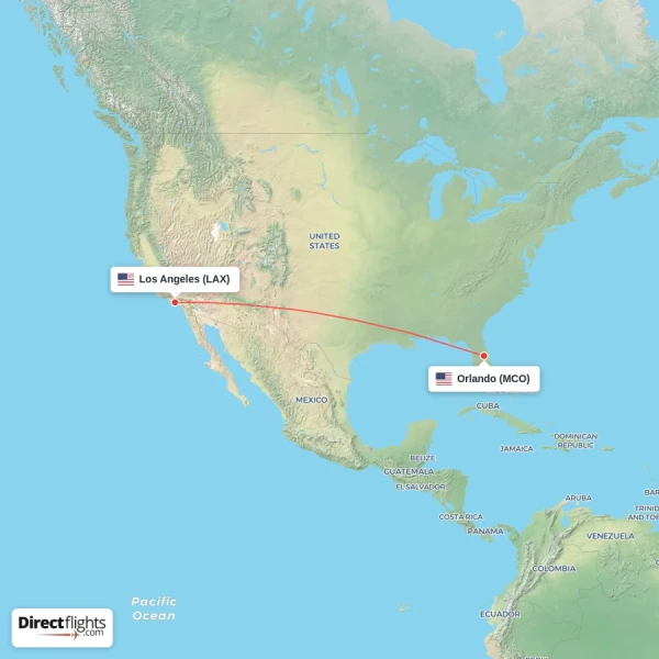 Los Angeles - Orlando direct flight map