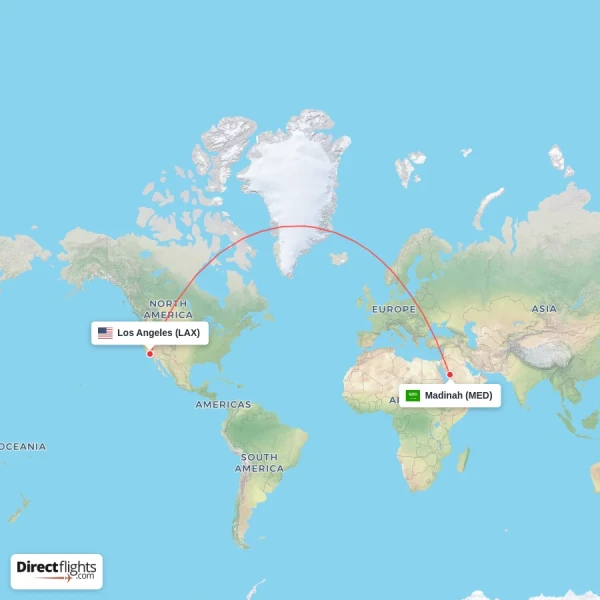 Los Angeles - Madinah direct flight map