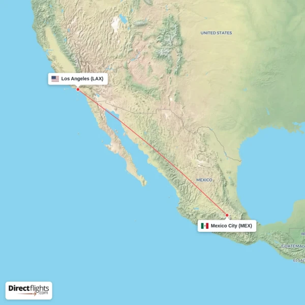Los Angeles - Mexico City direct flight map