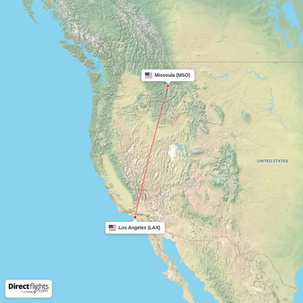 Los Angeles - Missoula direct flight map