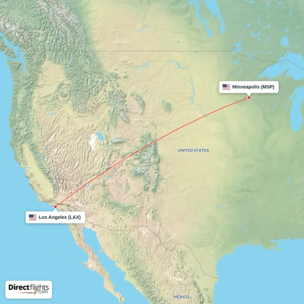Los Angeles - Minneapolis direct flight map