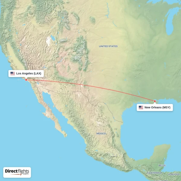 Los Angeles - New Orleans direct flight map