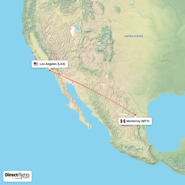 Los Angeles - Monterrey direct flight map