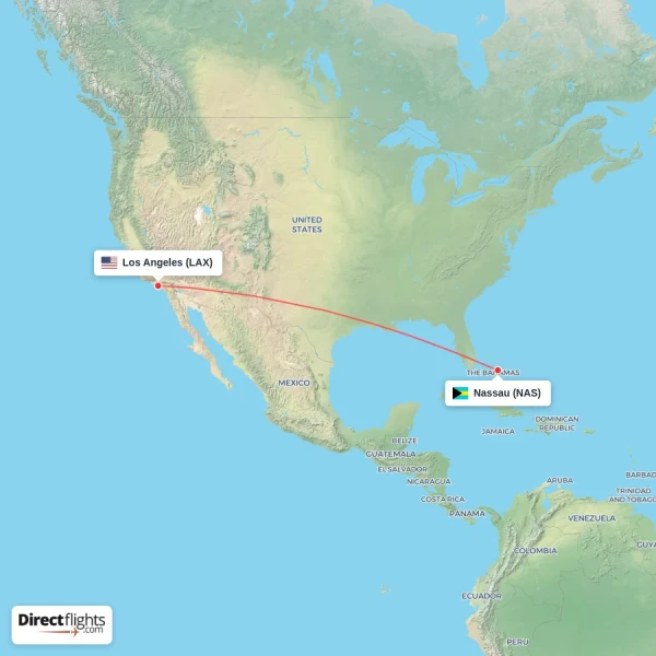 Los Angeles - Nassau direct flight map