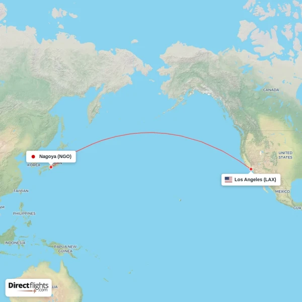 Los Angeles - Nagoya direct flight map