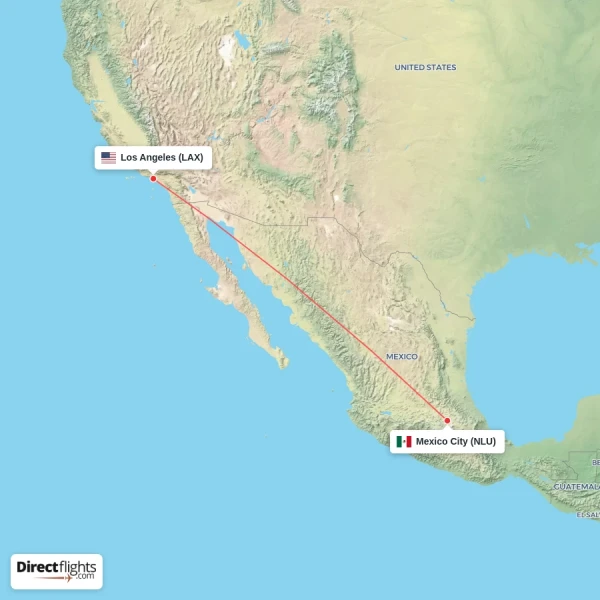 Los Angeles - Mexico City direct flight map