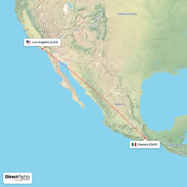 Los Angeles - Oaxaca direct flight map