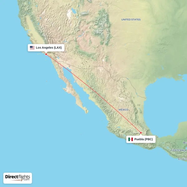 Los Angeles - Puebla direct flight map