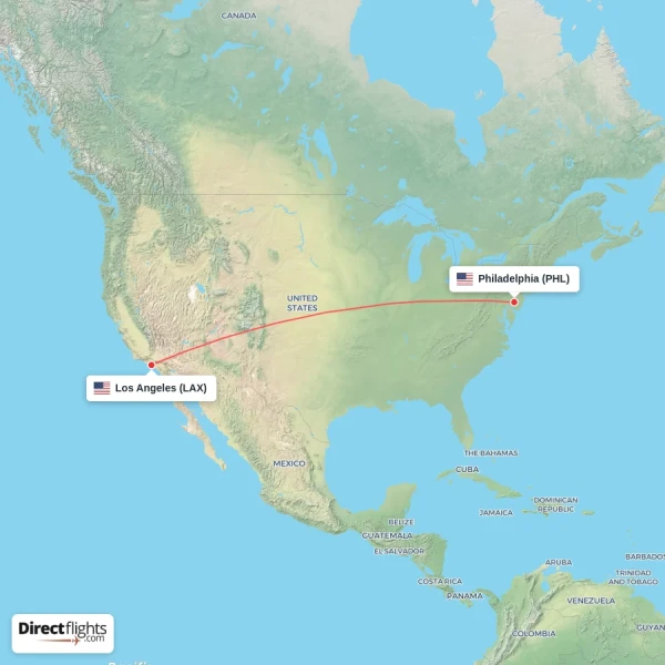 Los Angeles - Philadelphia direct flight map