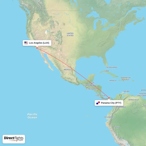 Los Angeles - Panama City direct flight map
