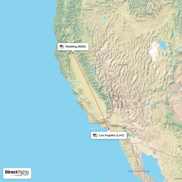 Los Angeles - Redding direct flight map