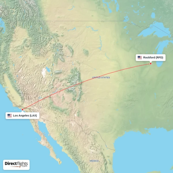 Los Angeles - Rockford direct flight map