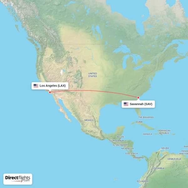 Los Angeles - Savannah direct flight map