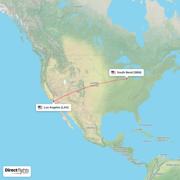 Los Angeles - South Bend direct flight map