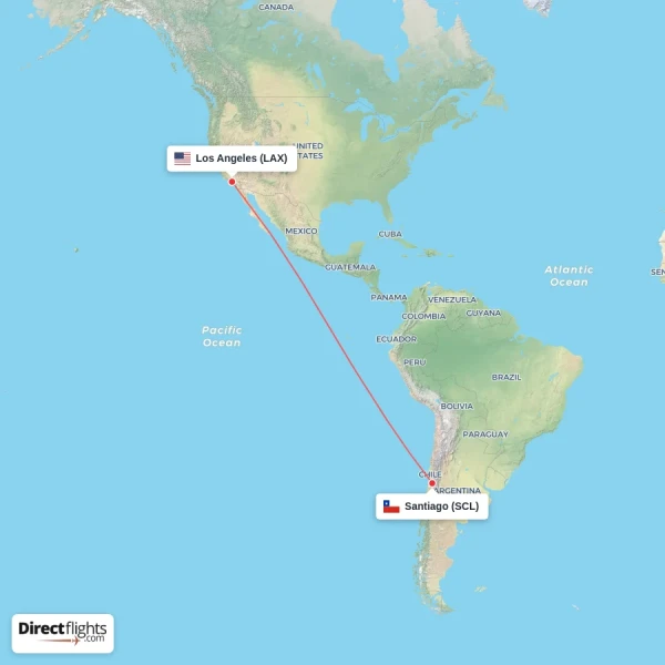 Los Angeles - Santiago direct flight map