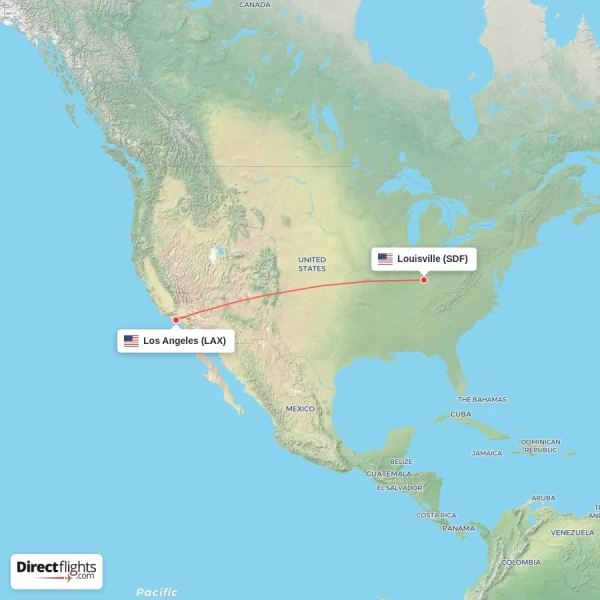 Los Angeles - Louisville direct flight map