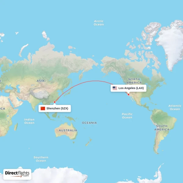 Los Angeles - Shenzhen direct flight map
