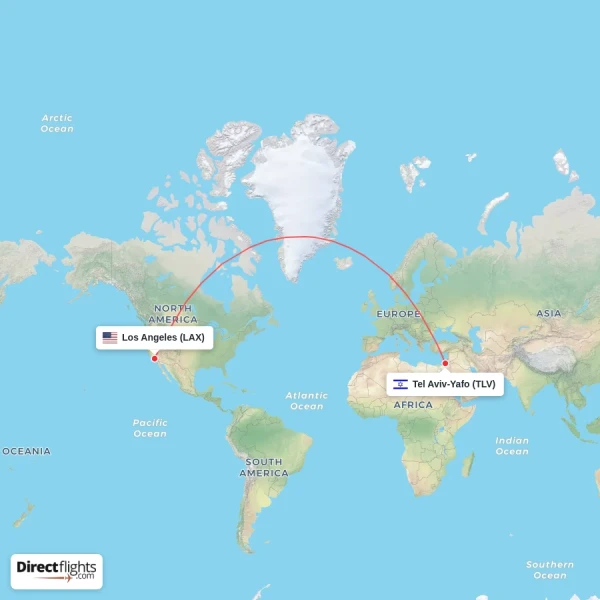 Los Angeles - Tel Aviv-Yafo direct flight map
