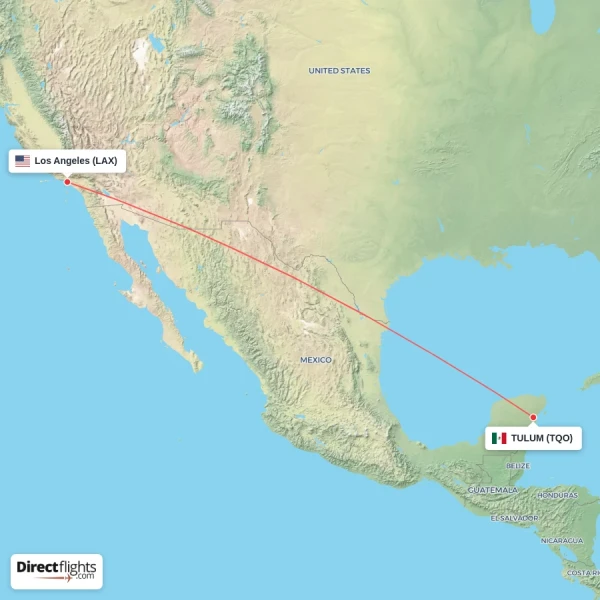 Los Angeles - TULUM direct flight map