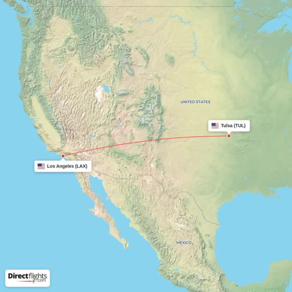 Los Angeles - Tulsa direct flight map