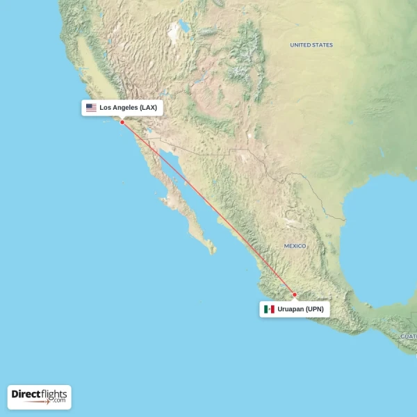 Los Angeles - Uruapan direct flight map