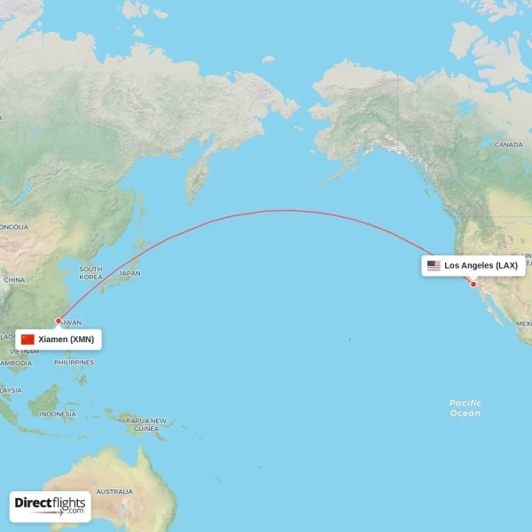 Los Angeles - Xiamen direct flight map
