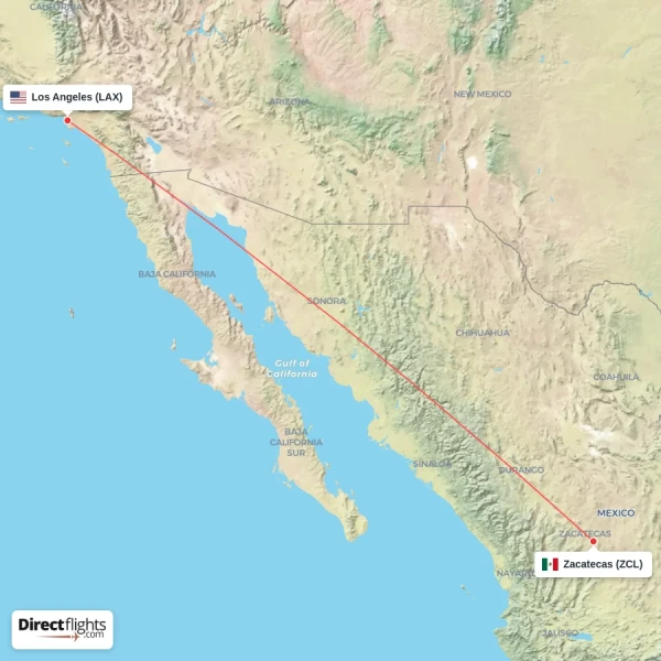 Los Angeles - Zacatecas direct flight map