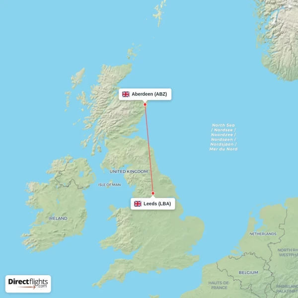 Leeds - Aberdeen direct flight map